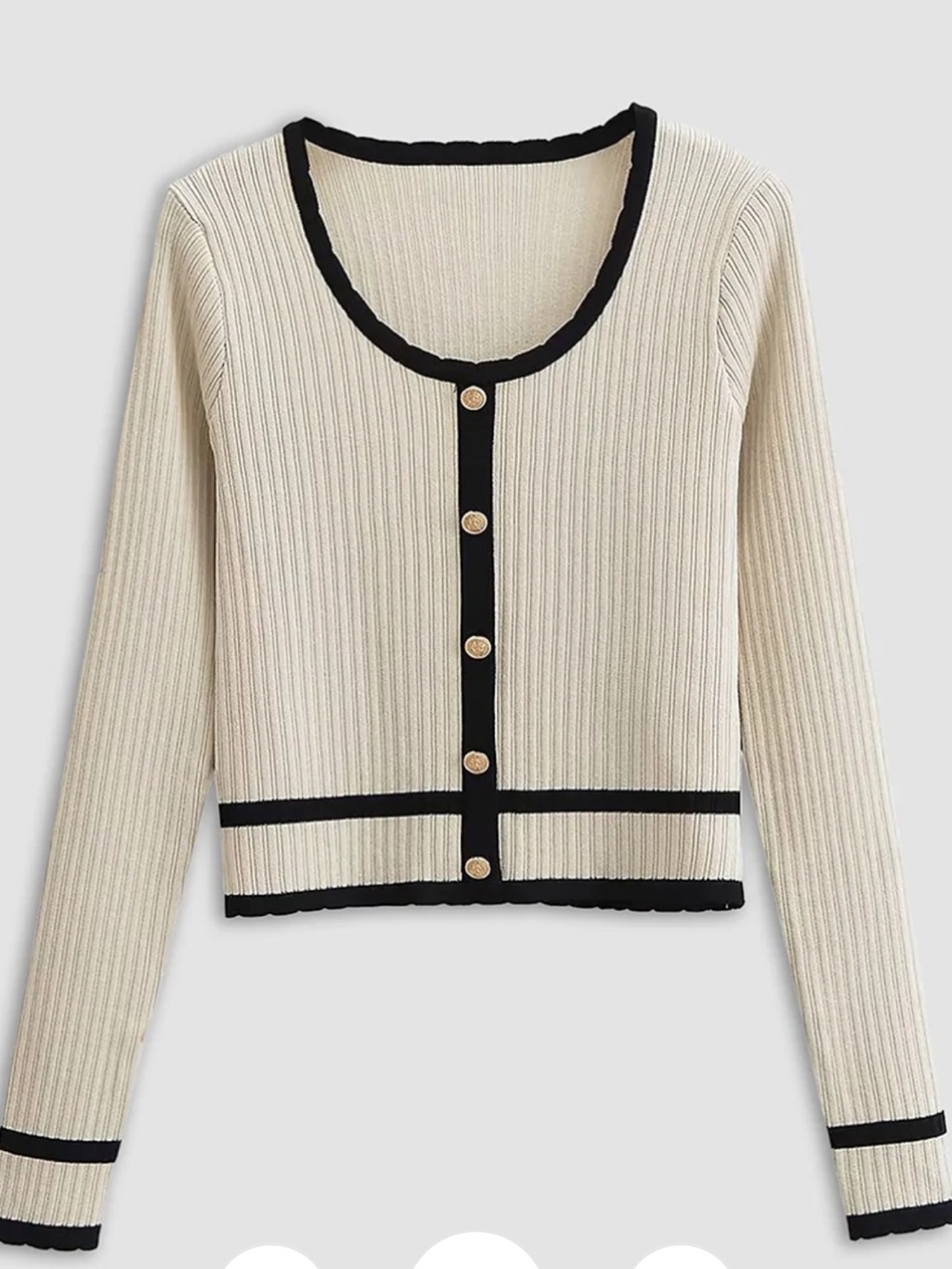 Cream Ribbed Button-Up Sweater with Black Trim